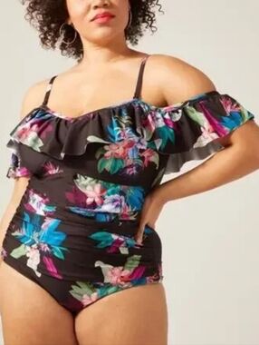 City Chic Elba Tropical Ruffle Off Shoulder One Piece Bathing Suit